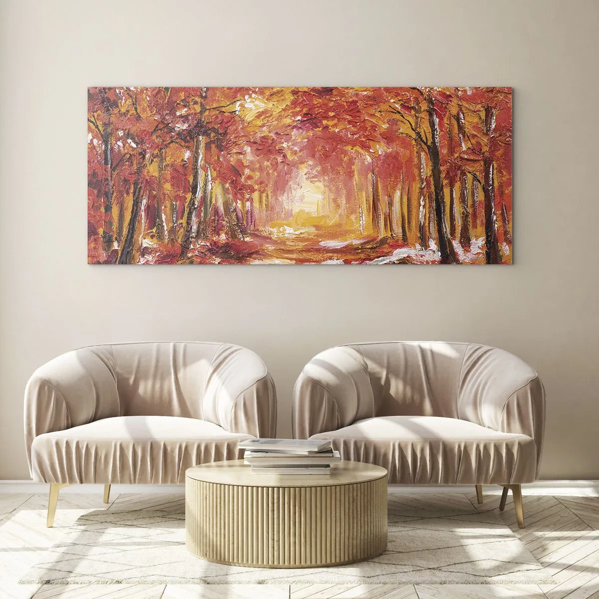 Cuadro sobre vidrio - Impresiones sobre Vidrio - Bosque otoñal en tonos cobre y dorado. - 120x50cm - Bosque de cobre - Decoración de pared moderna para salón y dormitorio ARTTOR