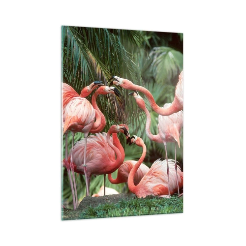 Cuadro sobre vidrio - Impresiones sobre Vidrio - Flamencos entre vegetación tropical en colores vivos. - 50x70cm - Cotilleos de la tarde - Decoración de pared moderna para salón y dormitorio ARTTOR