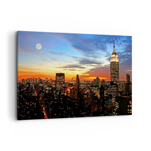Cuadro sobre lienzo - Impresión de Imagen - Panorama de la ciudad con rascacielos iluminados al atardecer - 120x80cm - Una luminosa noche americana - Decoración de pared moderna para salón y dormitorio ARTTOR