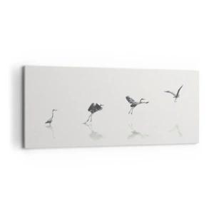 Cuadro sobre lienzo - Impresión de Imagen - Cuatro siluetas de aves reflejadas en el agua tranquila. - 120x50cm - Cuatro sencillos pasos para despegar - Decoración de pared moderna para salón y dormitorio ARTTOR