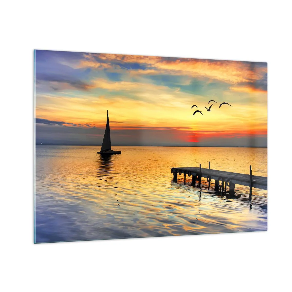 Cuadro sobre vidrio - Impresiones sobre Vidrio - Velero y muelle al atardecer en un lago tranquilo - 100x70cm - Regresos nocturnos - Decoración de pared moderna para salón y dormitorio ARTTOR