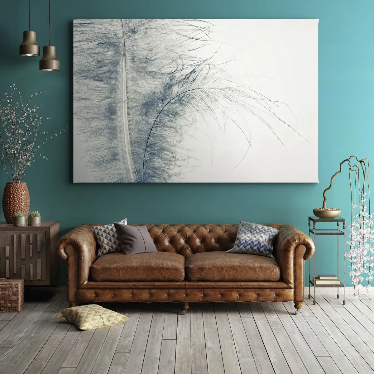 Cuadro sobre lienzo - Impresión de Imagen - Una delicada pluma en tonos pastel sobre un fondo claro. - 100x70cm - Susurro de la naturaleza - Decoración de pared moderna para salón y dormitorio ARTTOR