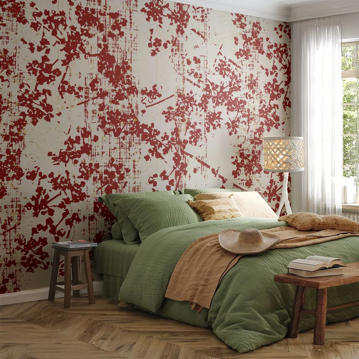 Fotomural Premium Sand - Un motivo vegetal en rojo sobre un fondo claro. - 100x70cm - Como un viejo percal - Decoración de pared moderna para salón y dormitorio ARTTOR