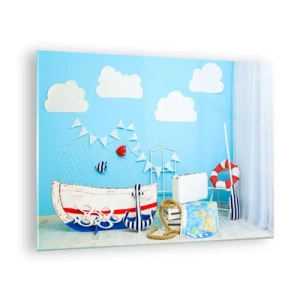 Cuadro sobre vidrio - Impresiones sobre Vidrio - Escena marina decorativa con un barco y accesorios náuticos. - 70x50cm - El ansia de aventura de un niño - Decoración de pared moderna para salón y dormitorio ARTTOR