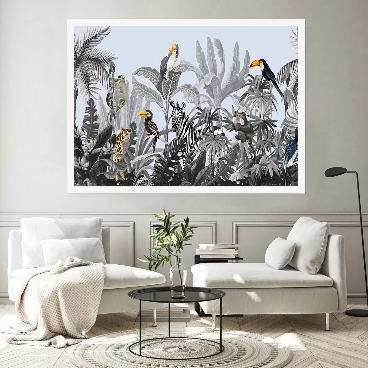 Póster - Selva tropical con animales exóticos sobre un fondo gris. - 100x70cm - Un cuento de hadas africano - Decoración de pared moderna para salón y dormitorio ARTTOR