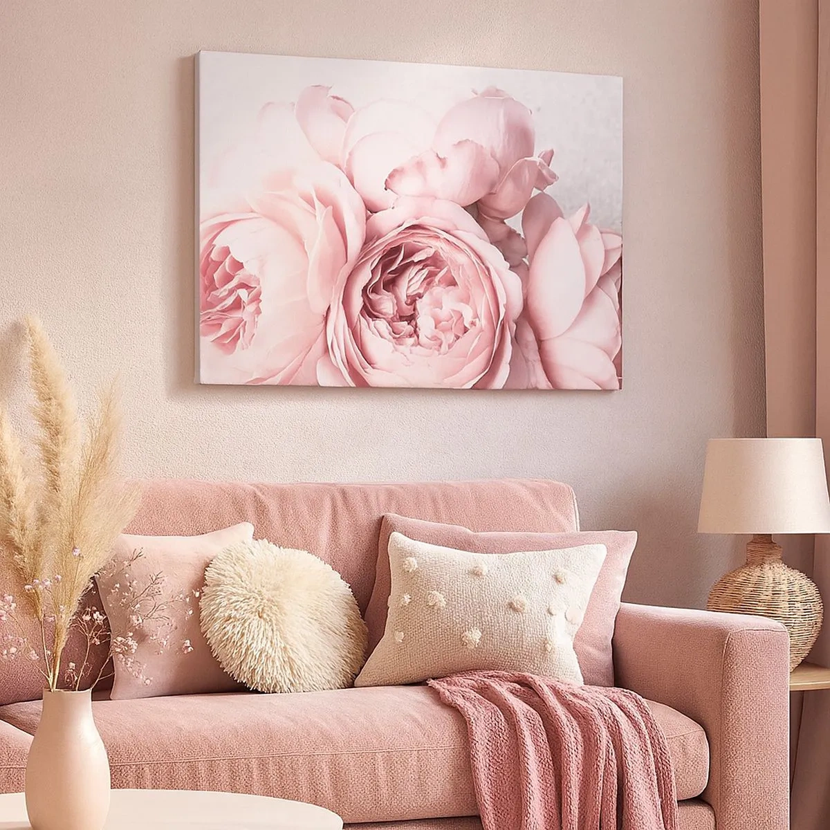 Cuadro sobre lienzo - Impresión de Imagen - Peonías rosas en una luz suave sobre un fondo claro. - 70x50cm - Para los románticos - Decoración de pared moderna para salón y dormitorio ARTTOR