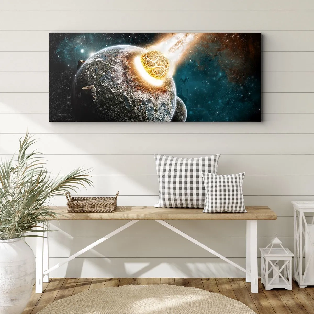 Cuadro sobre lienzo - Impresión de Imagen - Colisión cósmica de un planeta con un asteroide en las proximidades de la galaxia. - 160x50cm - ¿Condena o nacimiento? - Decoración de pared moderna para salón y dormitorio ARTTOR