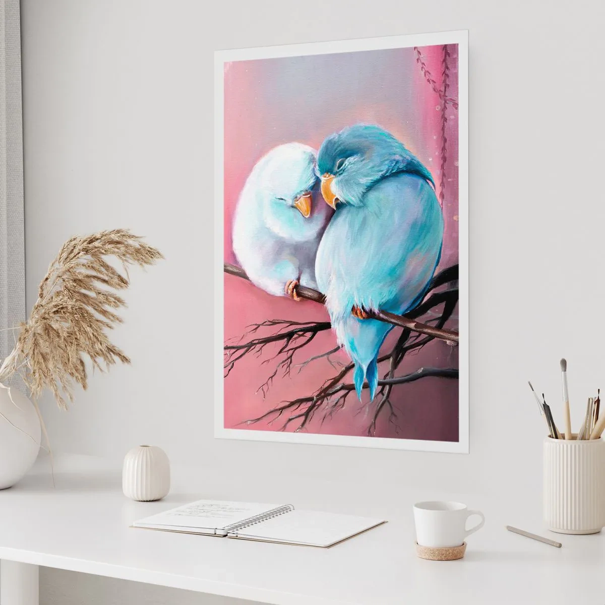 Póster - Dos pájaros posados en una rama en un entorno romántico. - 50x70cm - Qué añadir aquí... - Decoración de pared moderna para salón y dormitorio ARTTOR