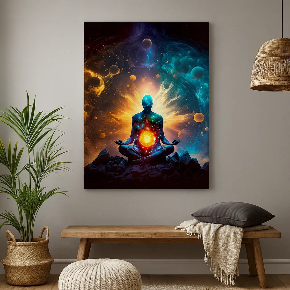 Cuadro sobre lienzo - Impresión de Imagen - Una figura en meditación rodeada de un aura cósmica. - 50x70cm - Tranquilidad cósmica - Decoración de pared moderna para salón y dormitorio ARTTOR