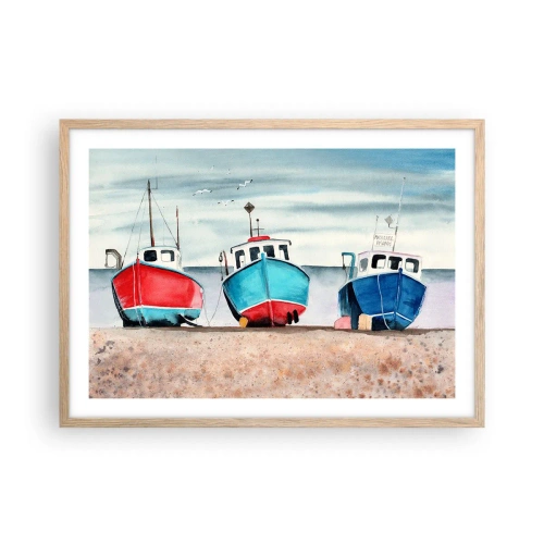 Póster en marco roble claro - Listos para la pesca - 70x50 cm