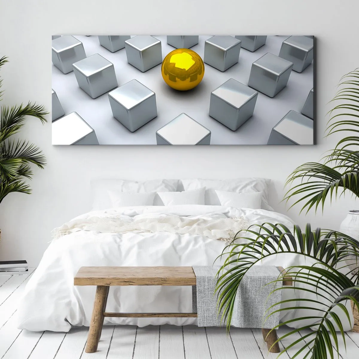 Cuadro sobre lienzo - Impresión de Imagen - Una esfera dorada que destaca entre los cubos plateados. - 160x50cm - ¿Por qué yo? Composición geométrica - Decoración de pared moderna para salón y dormitorio ARTTOR