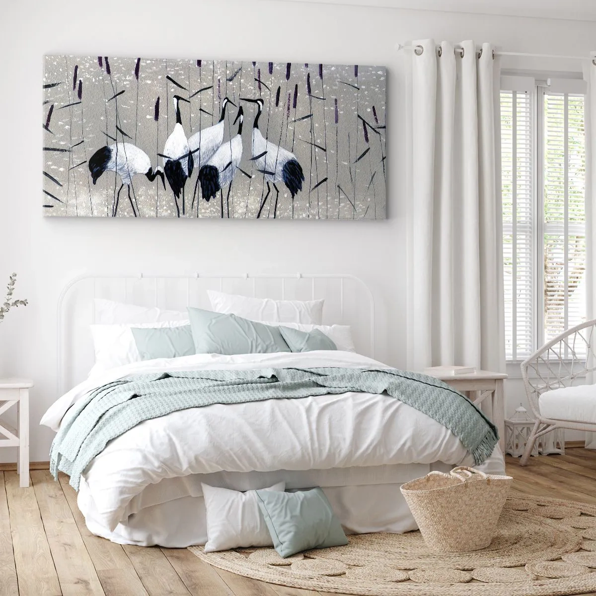 Cuadro sobre lienzo - Impresión de Imagen - Garzas en la hierba contra un fondo tranquilo - 160x50cm - Entre los suyos - Decoración de pared moderna para salón y dormitorio ARTTOR