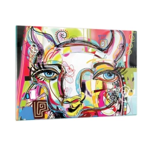 Cuadro sobre vidrio - Impresiones sobre Vidrio - Imagen abstracta de la cara de un gato en una expresión artística colorida. - 120x80cm - La riqueza de un gato - Decoración de pared moderna para salón y dormitorio ARTTOR