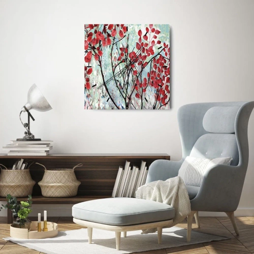 Reloj de pared - Reloj de vidrio - Hojas rojas contra un cielo brillante con patrones abstractos. - 30x30cm - Un árbol en escarlata - Decoración de pared moderna para salón y dormitorio ARTTOR
