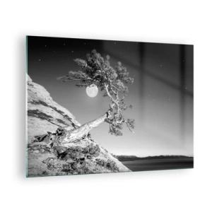 Cuadro sobre vidrio - Impresiones sobre Vidrio - Un árbol inclinado en una ladera con la luna al fondo. - 70x50cm - Un guerrero victorioso - Decoración de pared moderna para salón y dormitorio ARTTOR