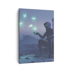 Cuadro sobre lienzo - Impresión de Imagen - Una figura encapuchada con pájaros mágicos en el fondo de una ciudad. - 50x70cm - La vida volverá - Decoración de pared moderna para salón y dormitorio ARTTOR