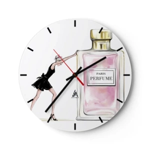 Reloj de pared - Reloj de vidrio - Una mujer con un frasco de perfume. - 30x30cm - La esencia de la feminidad - Decoración de pared moderna para salón, cocina y dormitorio ARTTOR