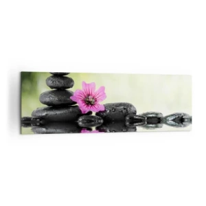 Cuadro sobre lienzo - Impresión de Imagen - Piedras zen y una flor rosa reflejada en el agua. - 160x50cm - Tiempo para el alma - Decoración de pared moderna para salón y dormitorio ARTTOR