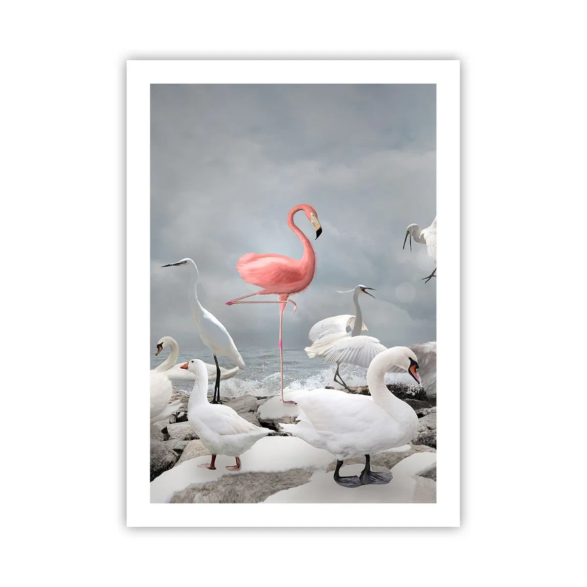 Póster - Un flamenco rosado rodeado de pájaros blancos contra el cielo. - 50x70cm - ¿De dónde vengo? - Decoración de pared moderna para salón y dormitorio ARTTOR