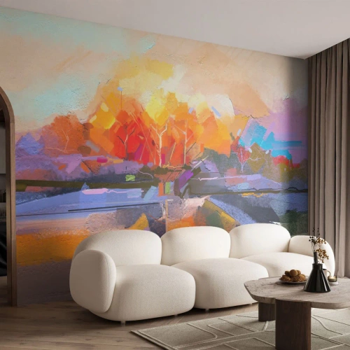 Fotomural Premium Sand - Paisaje otoñal en una composición abstracta y pictórica. - 100x70cm - Llegó el otoño - Decoración de pared moderna para salón y dormitorio ARTTOR