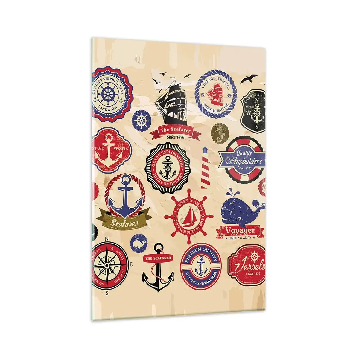 Cuadro sobre vidrio - Impresiones sobre Vidrio - Una colección de gráficos y símbolos náuticos sobre un fondo claro. - 80x120cm - Una fraternidad del mar - Decoración de pared moderna para salón y dormitorio ARTTOR