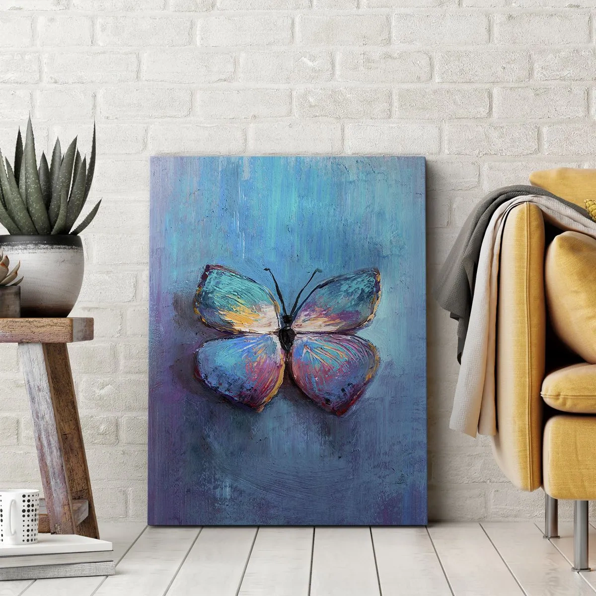 Cuadro sobre lienzo - Impresión de Imagen - Mariposa colorida sobre un fondo azul - 50x70cm - En todo su esplendor - Decoración de pared moderna para salón y dormitorio ARTTOR