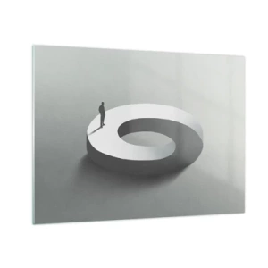 Cuadro sobre vidrio - Impresiones sobre Vidrio - Una silueta minimalista de un hombre sobre un anillo blanco. - 70x50cm - Ser sabio no es una labor sencilla - Decoración de pared moderna para salón y dormitorio ARTTOR