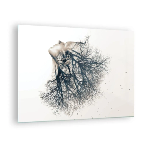Cuadro sobre vidrio - Impresiones sobre Vidrio - Silueta de una mujer con ramas como cabello. - 70x50cm - Escuchando el susurro de un árbol - Decoración de pared moderna para salón y dormitorio ARTTOR