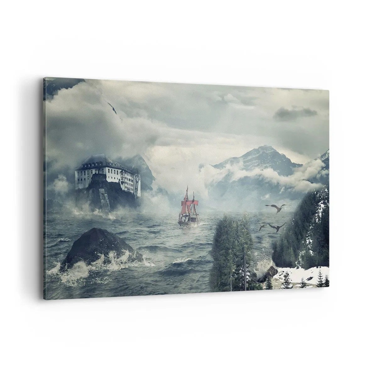 Cuadro sobre lienzo - Impresión de Imagen - Un paisaje misterioso con un castillo, montañas y un barco. - 120x80cm - En aguas mágicas - Decoración de pared moderna para salón y dormitorio ARTTOR