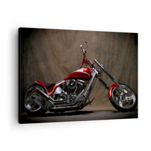Cuadro sobre lienzo - Impresión de Imagen - Motocicleta roja personalizada sobre un fondo de tela marrón. - 70x50cm - Belleza rojo-plateada - Decoración de pared moderna para salón y dormitorio ARTTOR