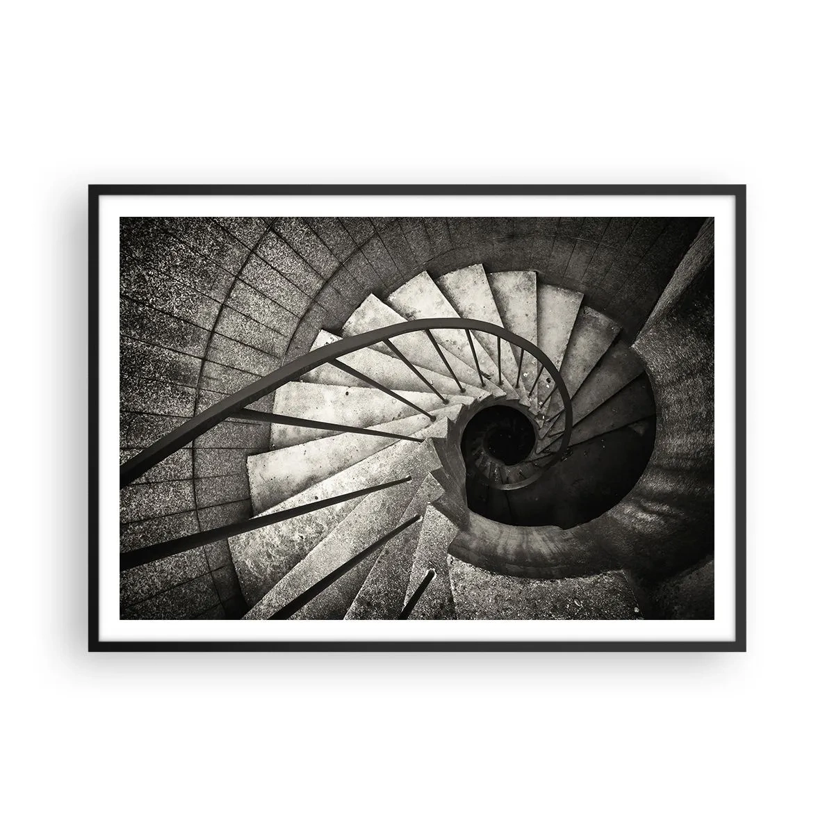 Póster en marco negro - Escalera de caracol en blanco y negro de estilo moderno. - 100x70cm - Escaleras arriba, escaleras abajo - Decoración de pared moderna para salón y dormitorio ARTTOR