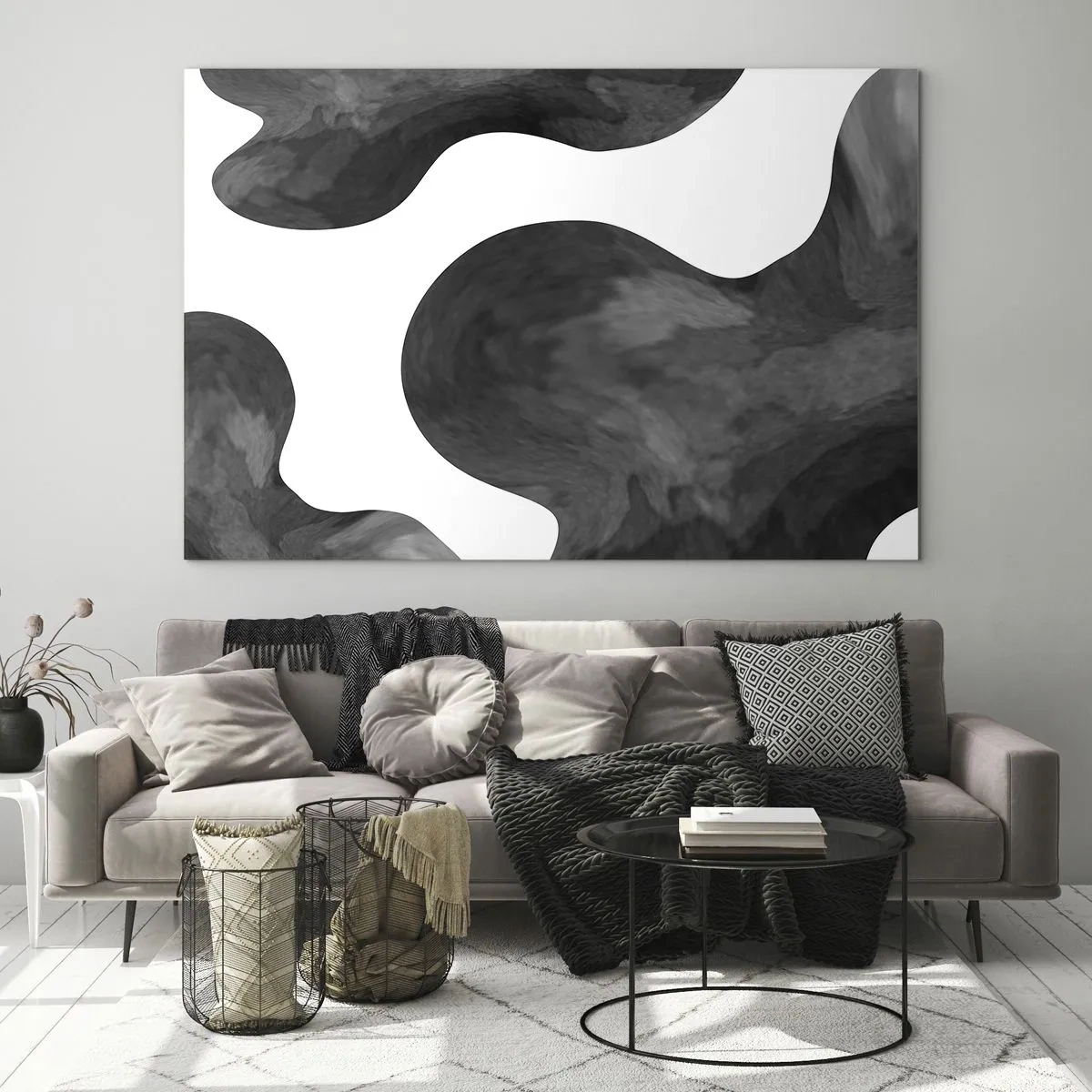 Cuadro sobre vidrio - Impresiones sobre Vidrio - Formas abstractas en tonos blanco y negro - 70x50cm - El blanco fluye sobre el negro - Decoración de pared moderna para salón y dormitorio ARTTOR