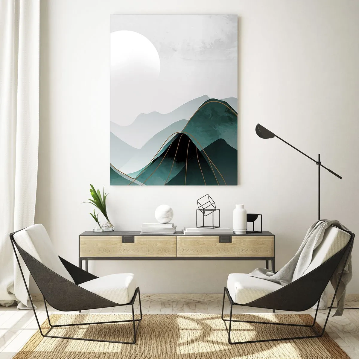 Cuadro sobre vidrio - Impresiones sobre Vidrio - Paisaje montañoso abstracto con la luna y líneas doradas. - 70x100cm - Con toda la majestuosidad - Decoración de pared moderna para salón y dormitorio ARTTOR