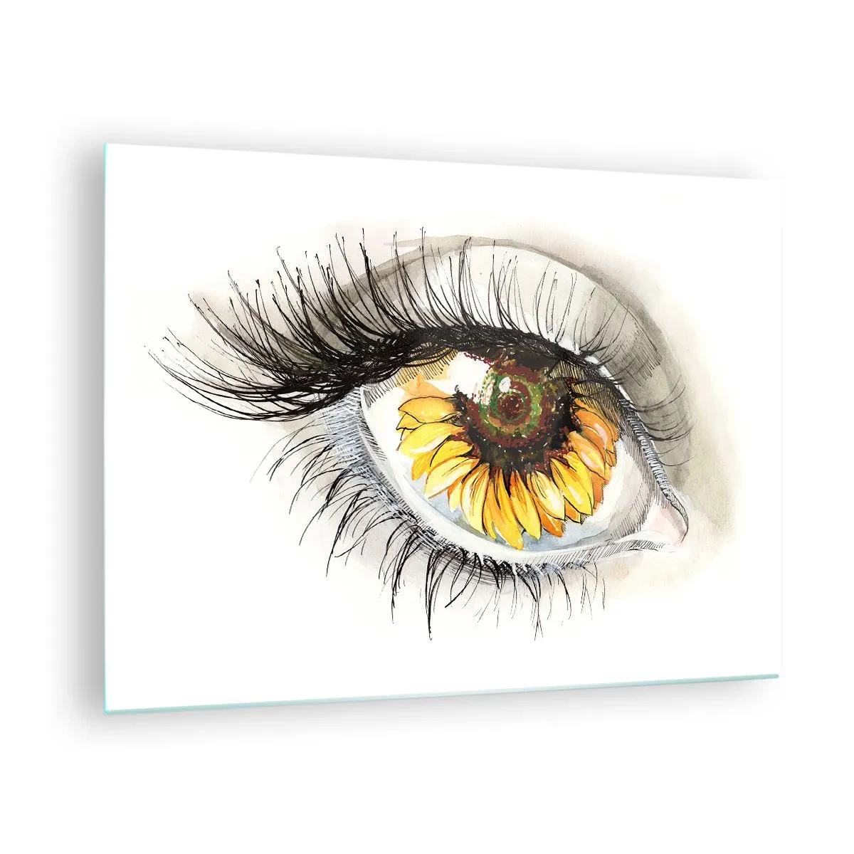 Cuadro sobre vidrio - Impresiones sobre Vidrio - Un ojo con motivo de girasol rodeado de delicados detalles. - 70x50cm - Un aspecto tan caluroso como el verano - Decoración de pared moderna para salón y dormitorio ARTTOR