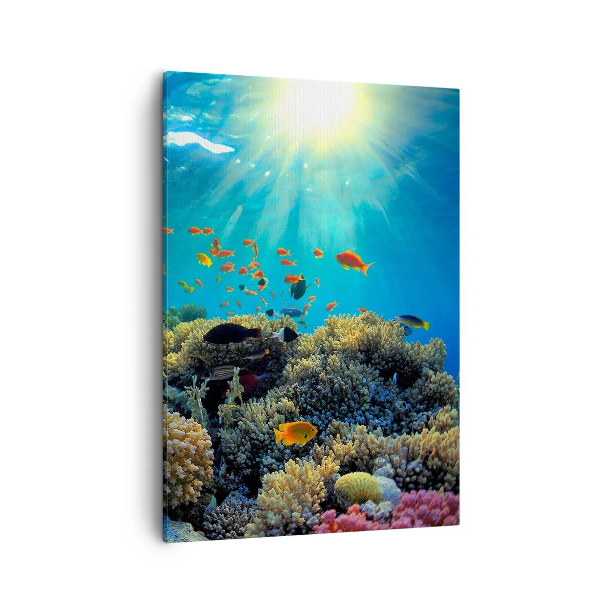 Cuadro sobre lienzo - Impresión de Imagen - Arrecife de coral con peces bajo los rayos del sol bajo el agua. - 50x70cm - Tesoros submarinos - Decoración de pared moderna para salón y dormitorio ARTTOR