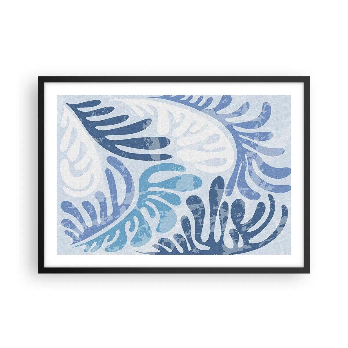 Póster en marco negro - Formas abstractas en tonos azules sobre un fondo blanco. - 70x50cm - Helechos azules - Decoración de pared moderna para salón y dormitorio ARTTOR