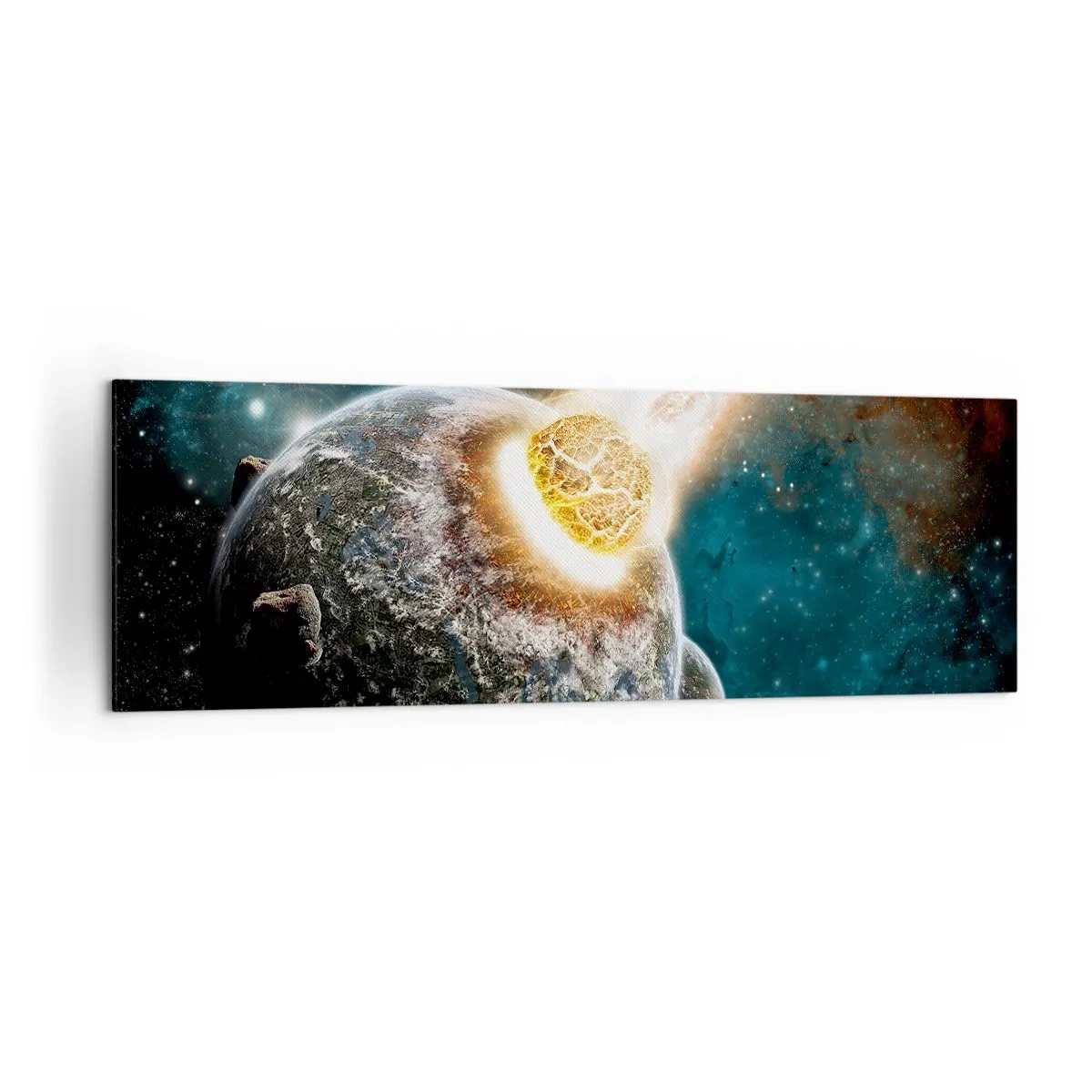 Cuadro sobre lienzo - Impresión de Imagen - Colisión cósmica de un planeta con un asteroide en las proximidades de la galaxia. - 160x50cm - ¿Condena o nacimiento? - Decoración de pared moderna para salón y dormitorio ARTTOR