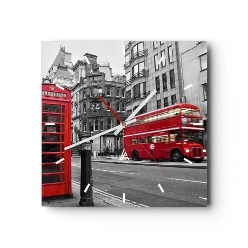 Reloj de pared - Reloj de vidrio - Una cabina telefónica roja y un autobús de dos pisos en Londres con la ciudad al fondo. - 30x30cm - El más rojo de Europa - Decoración de pared moderna para salón y dormitorio ARTTOR