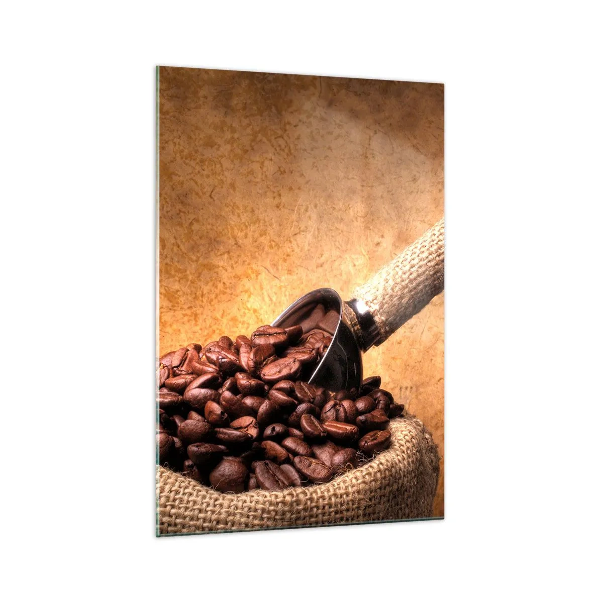 Cuadro sobre vidrio - Impresiones sobre Vidrio - Granos de café en una bolsa de yute con una cuchara de metal. - 70x100cm - En la fuente del sabor - Decoración de pared moderna para salón y dormitorio ARTTOR