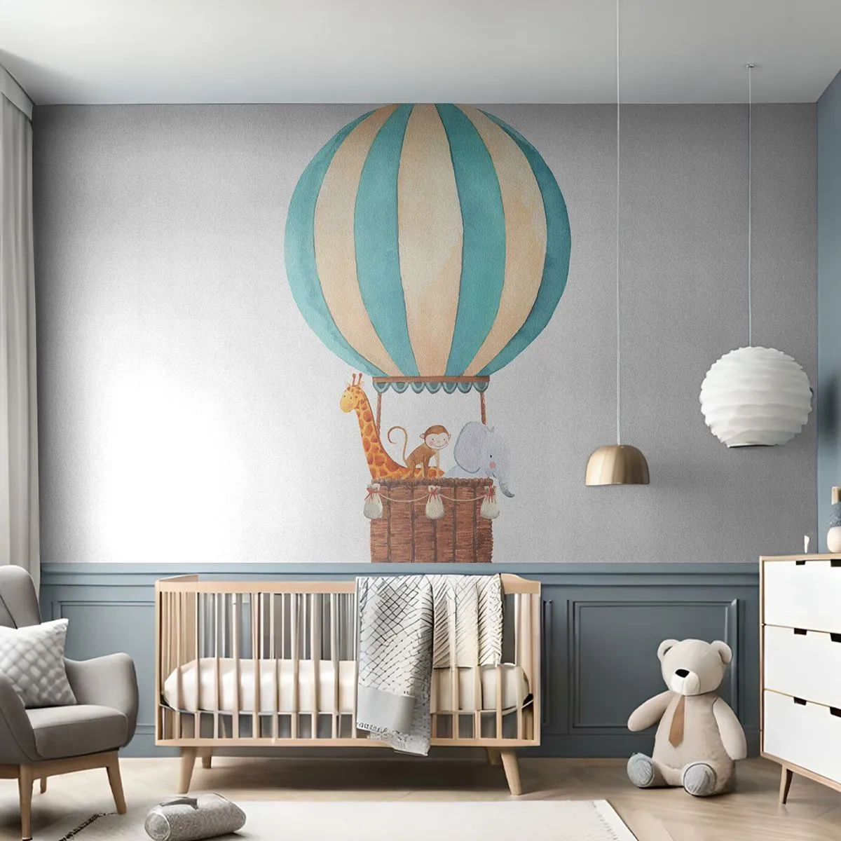 Fotomural Premium Sand - Un globo con una jirafa, un mono y un elefante en una canasta sobre un fondo blanco. - 100x70cm - Viaje fantástico - Decoración de pared moderna para salón y dormitorio ARTTOR