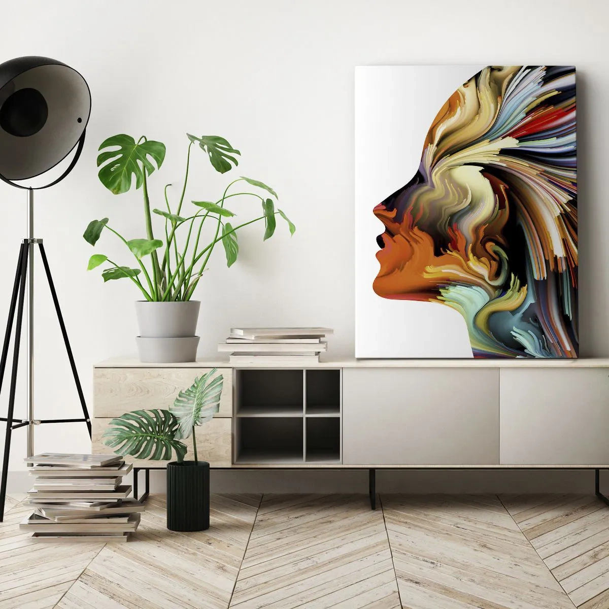 Cuadro sobre lienzo - Impresión de Imagen - Perfil de rostro abstracto con líneas dinámicas coloridas. - 80x120cm - La explosión de la imaginación - Decoración de pared moderna para salón y dormitorio ARTTOR