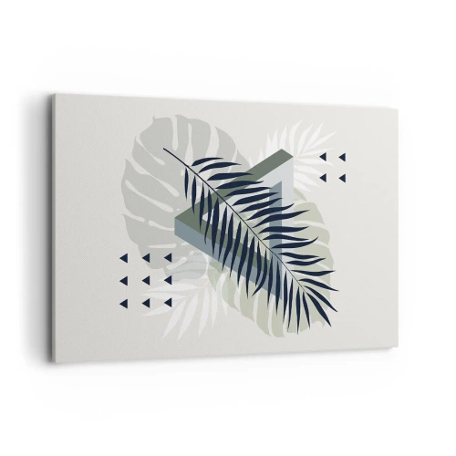 Cuadro sobre lienzo - Impresión de Imagen - Composición geométrica con hojas tropicales en tonos verdes. - 120x80cm - Naturaleza y geometría - Decoración de pared moderna para salón y dormitorio ARTTOR