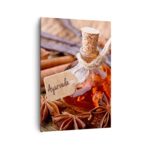 Cuadro sobre lienzo - Impresión de Imagen - Una botella de aceite de especias en una bandeja. - 70x100cm - Hacia la unidad del cuerpo y el espíritu - Decoración de pared moderna para salón y dormitorio ARTTOR