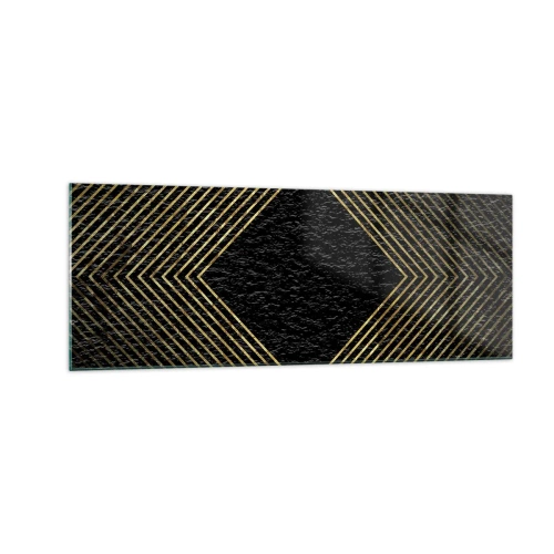 Cuadro sobre vidrio - Impresiones sobre Vidrio - Fondo negro con un patrón geométrico de líneas doradas. - 140x50cm - Geometría al estilo glamour - Decoración de pared moderna para salón y dormitorio ARTTOR