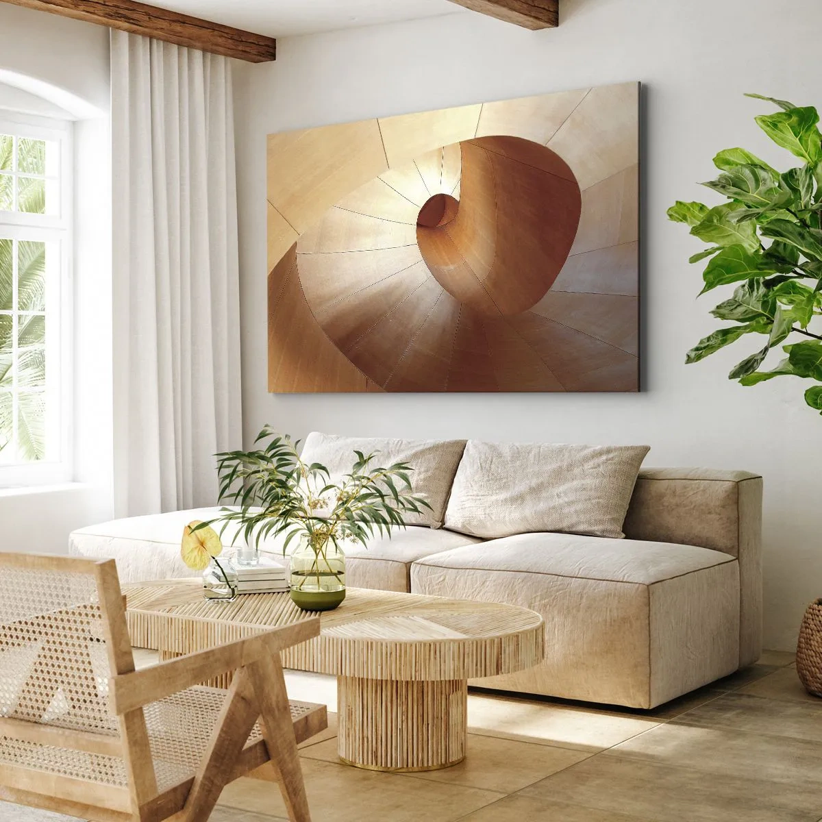 Cuadro sobre lienzo - Impresión de Imagen - Espiral abstracta en tonos madera y marrón claro. - 70x50cm - Serpentina arquitectónica - Decoración de pared moderna para salón y dormitorio ARTTOR