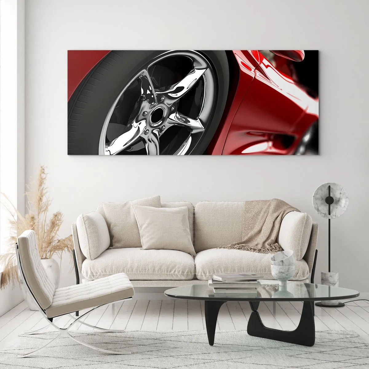 Cuadro sobre vidrio - Impresiones sobre Vidrio - Coche deportivo rojo con ruedas cromadas - 140x50cm - Creado para la velocidad - Decoración de pared moderna para salón y dormitorio ARTTOR
