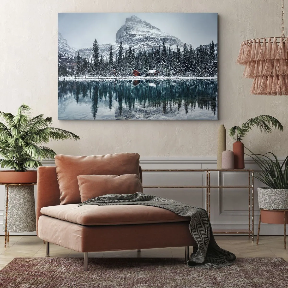 Cuadro sobre lienzo - Impresión de Imagen - Paisaje invernal con cabañas en el bosque junto a un lago congelado - 70x50cm - Retiro canadiense - Decoración de pared moderna para salón y dormitorio ARTTOR