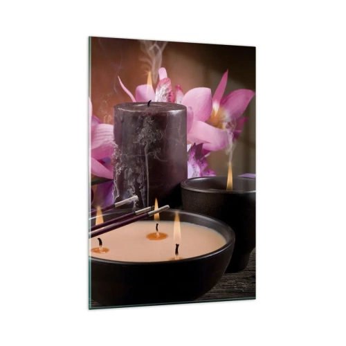 Cuadro sobre vidrio - Impresiones sobre Vidrio - Figura de Buda con velas encendidas y varillas de incienso. - 80x120cm - Despejar la mente, calmar el cuerpo - Decoración de pared moderna para salón y dormitorio ARTTOR