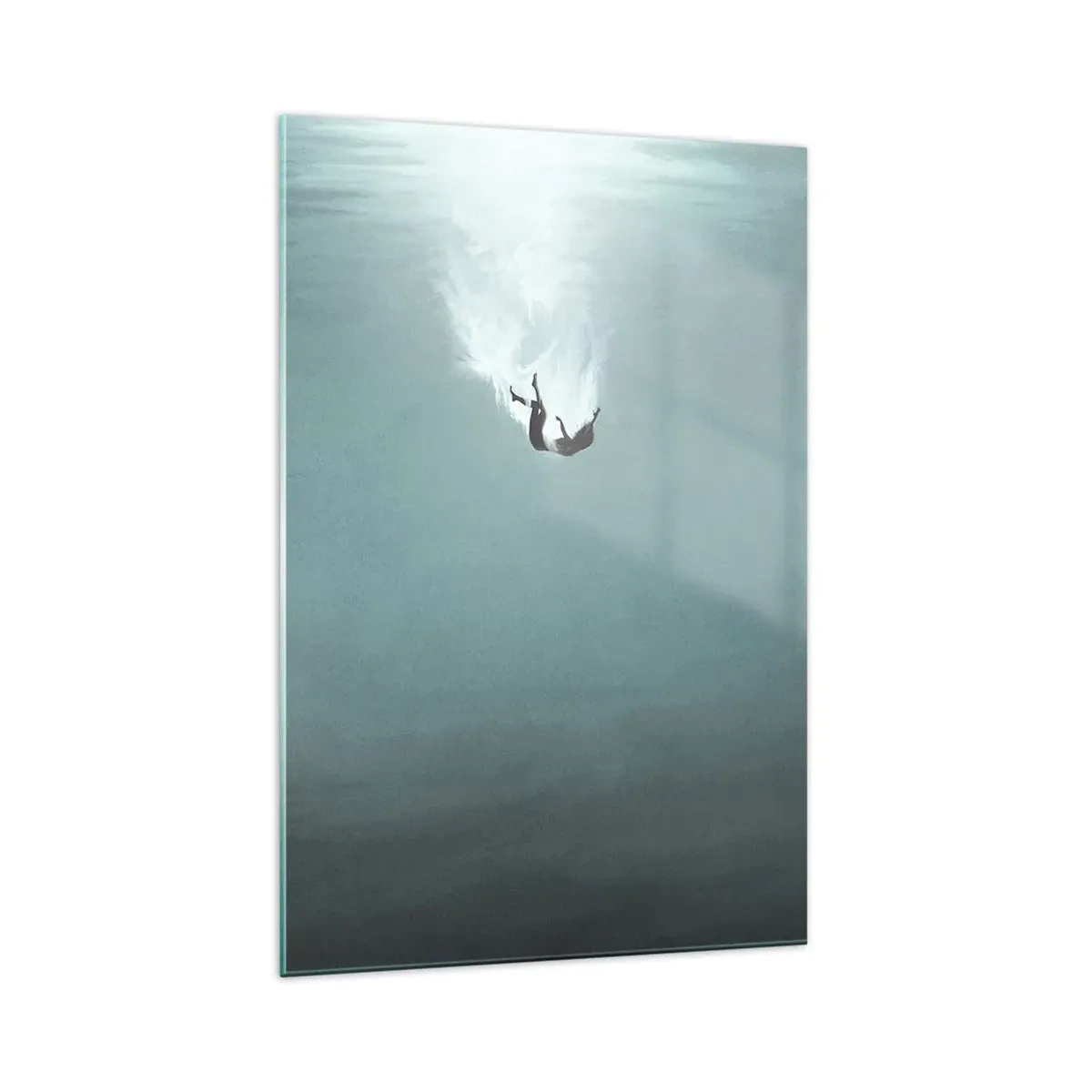 Cuadro sobre vidrio - Impresiones sobre Vidrio - Una figura sumergida en aguas turquesas profundas. - 70x100cm - En el abrazo del océano - Decoración de pared moderna para salón y dormitorio ARTTOR