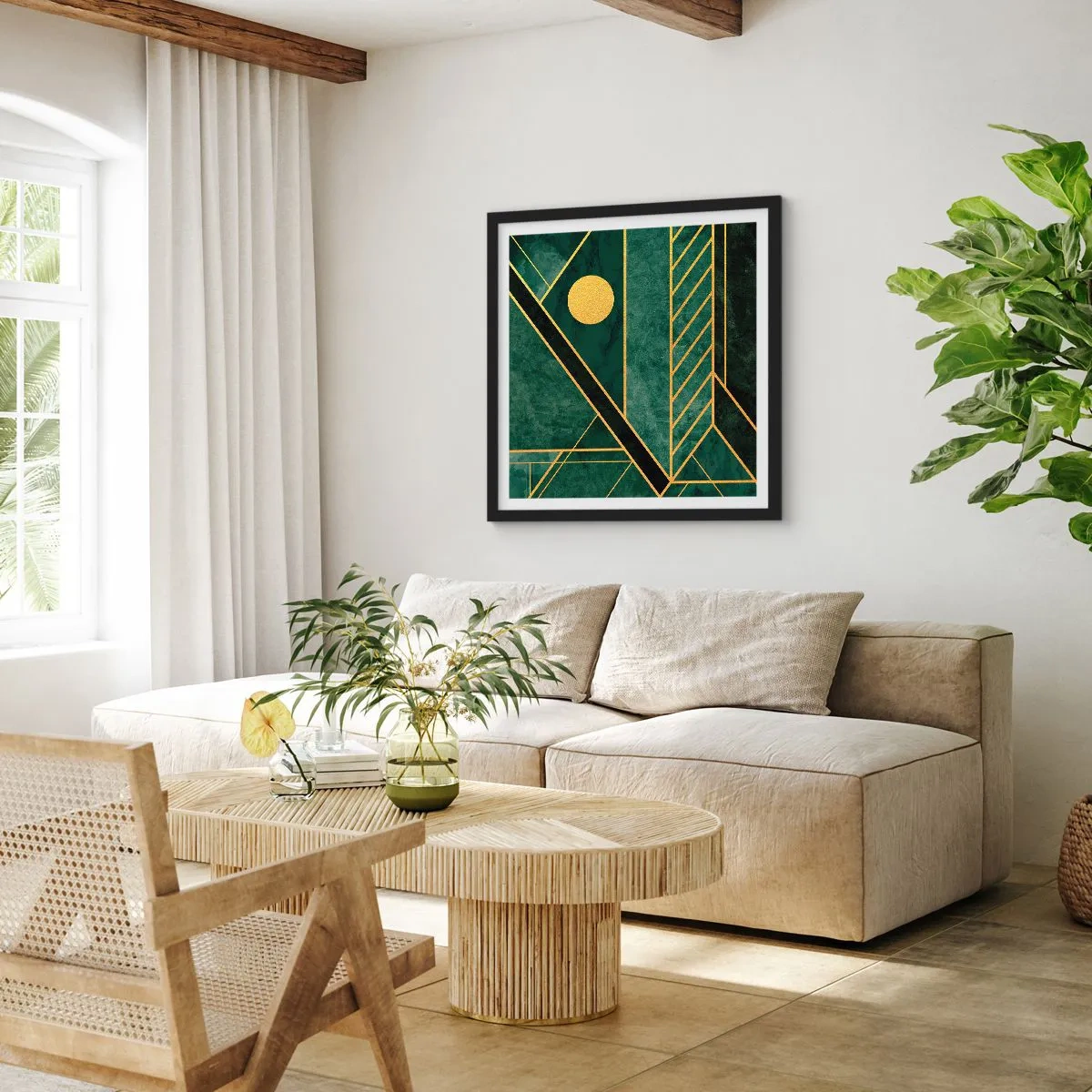 Póster en marco negro - La dinámica del oro y el azul - 30x30 cm